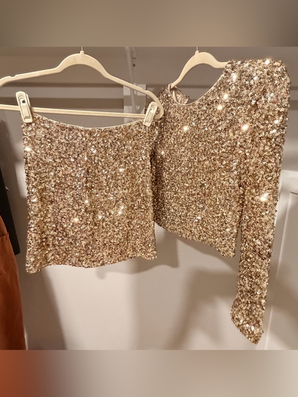 Aqua Gold Sequin Long Sleeve Crop Top and Mini Skirt Set